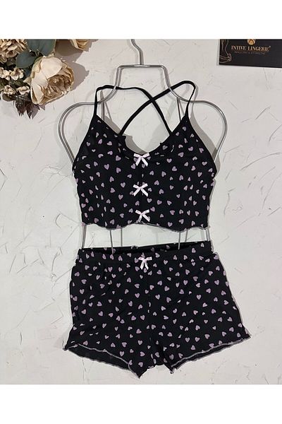 İntive Lingerie Lily Bianca Set de lenjerie de dormit mini pantaloni scurți, 100% bumbac, negru/roz -13011