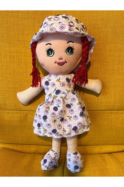 Nostalji Kutusu Red Hair Purple Flower Girl Toy Cloth Doll Sleeping Companion 50 cm Gift Birthday Gift