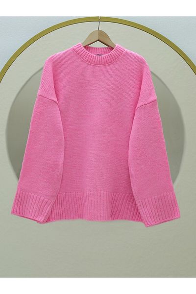 Modamorfo Pink Loose Knitwear Sweater - Crew Neck, Ribbed Skirt