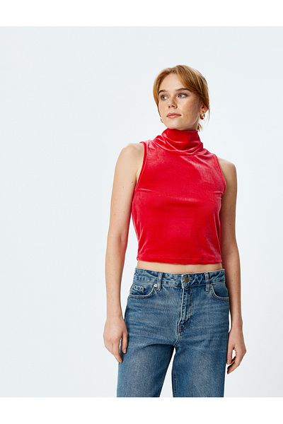 Koton Velvet Crop Top Sleeveless Stand Collar