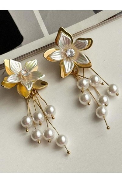 Koprinaco Zr Model İncili Çiçek Küpe (7.5 Cm)