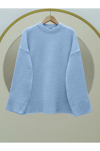 Modamorfo Baby Blue - Ribbed Skirt, Crew Neck Loose Knitwear Sweater