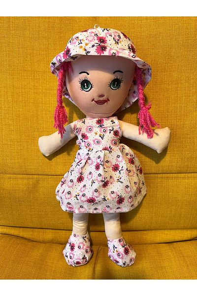 Nostalji Kutusu Pink Haired Flower Patterned Girl Toy Cloth Doll Sleeping Companion 50 cm Gift Birthday