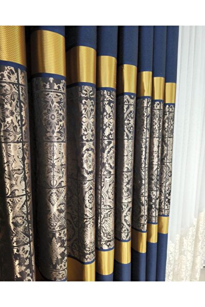 Perde Pendik New Season Antique Pattern - Lacviert Gold Copper Color Board Background Curtain, Single Wing
