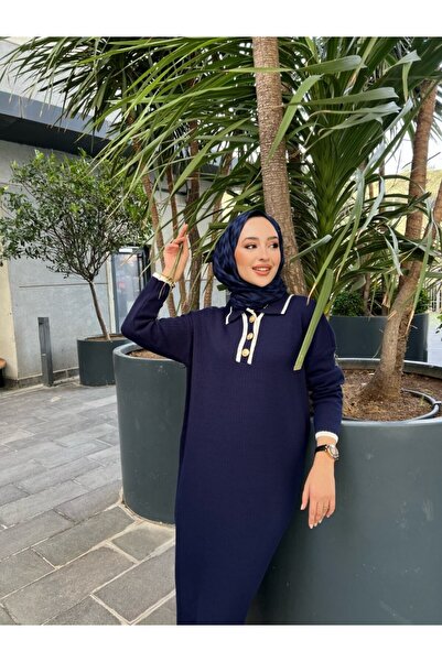 Müq Buttoned Piping Detail Long Knit Dress