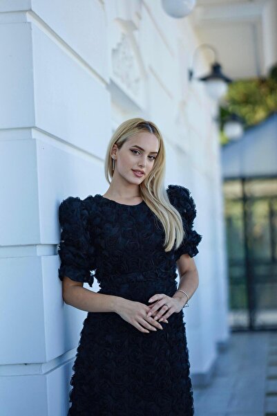 BAHARYAMAÇLI KADIN MİDİ BOY BALON KOL ROSE ELBİSE