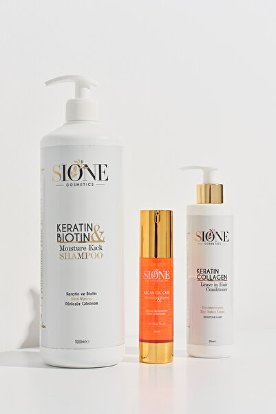 Sione Cosmetic Sıone 3'lü bakım seti Şampuan+Argan serum+Durulanmayan bakım k...