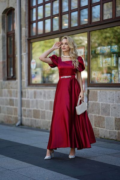 BAHARYAMAÇLI Women's Claret Red Square Neck Belt Buckle Detail Victoria Dress