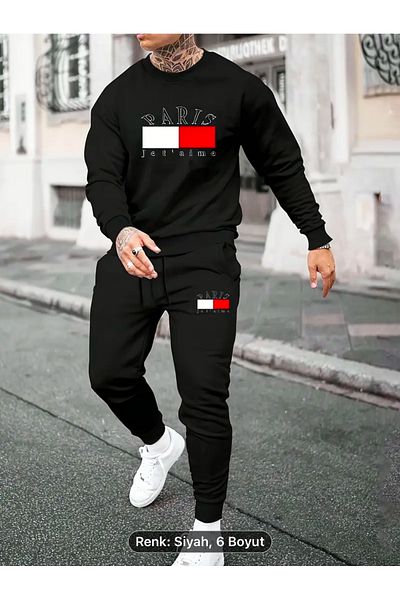 NEW TRENDY COLLECTİON Ανδρικό σετ πιτζάμες 2 τεμαχίων, μακρυμάνικο στρογγυλό λαιμό με τυχαία στάμπα και τσέπες