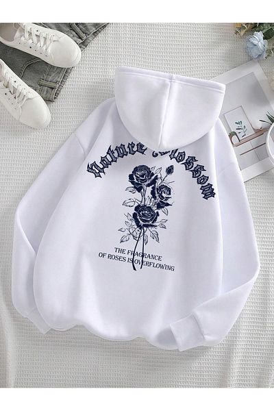 PALPİTO Hanorac cu glugă unisex, alb, cu imprimeu cu trandafiri