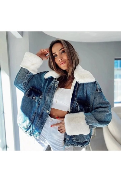 Kısmetin Butiği معطف نسائي من الدنيم بتفاصيل من الفرو - مجموعة جديدة