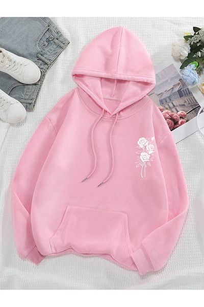 PALPİTO Φούτερ με κουκούλα Unisex Pink Nature Rose με στάμπα