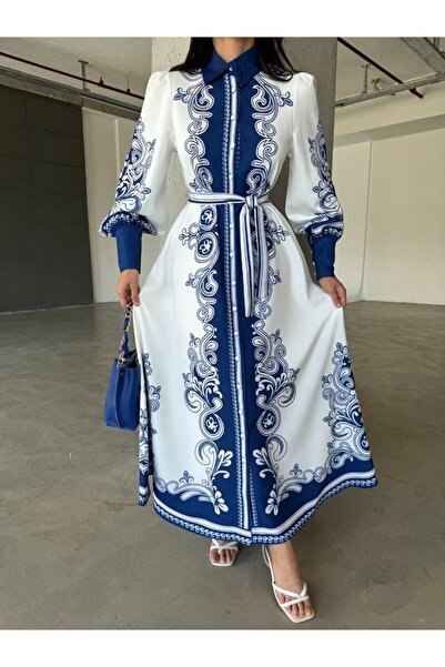 WellWay Cămașă din țesătură Babel importată Rochie albastră cu detaliu cu nasturi (INCLUSIV CUREA)