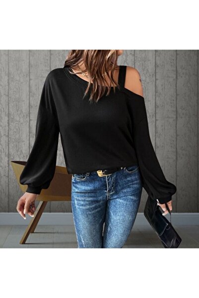 mdb Women's Long Sleeve One Shoulder Strap Detail Loose Viscose Two Yarn Blouse Editors' Picks