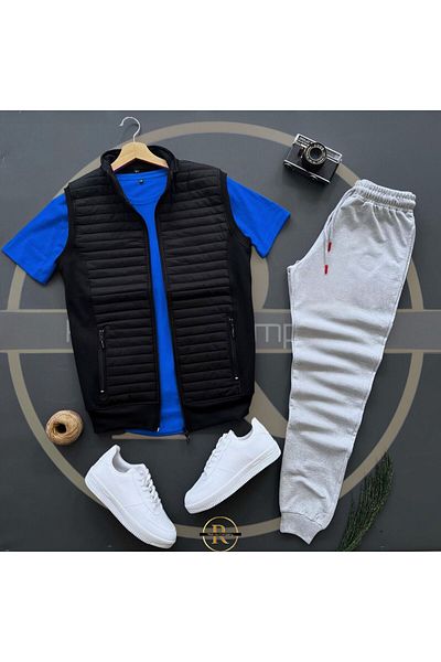Risil-Nu Company Basic Quilted Vest - Gray Summer Sweatpants - Saks T-Shirt 3-Piece Bottom Top Set