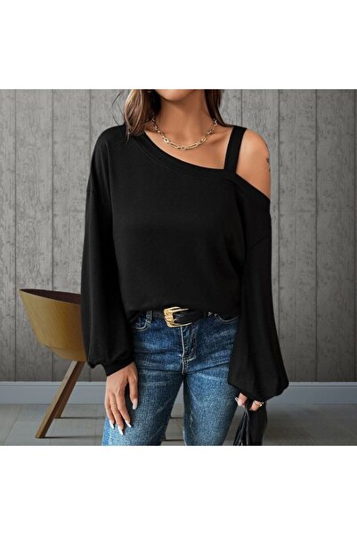 mdb Women's Long Sleeve One Shoulder Strap Detail Loose Viscose Two Yarn Blouse Editors' Picks