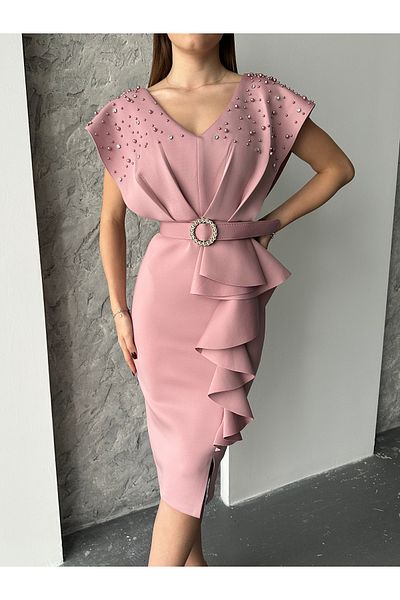 feiruz Pearl Embroidered Design Detail Premium Fabric Dress