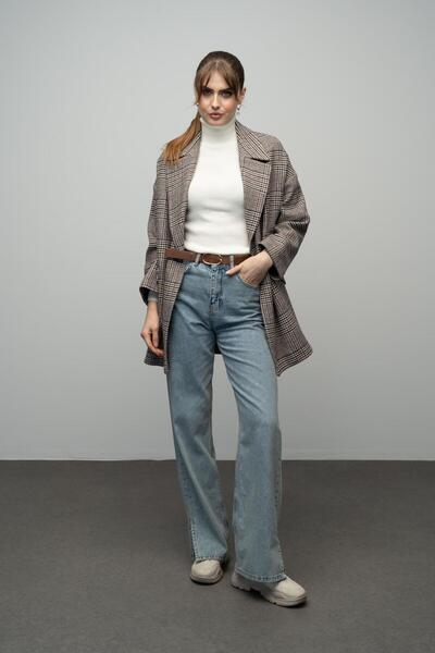 Olcay Kıremıt 3020 - Plaid Patterned Double Breasted Oversize Coat