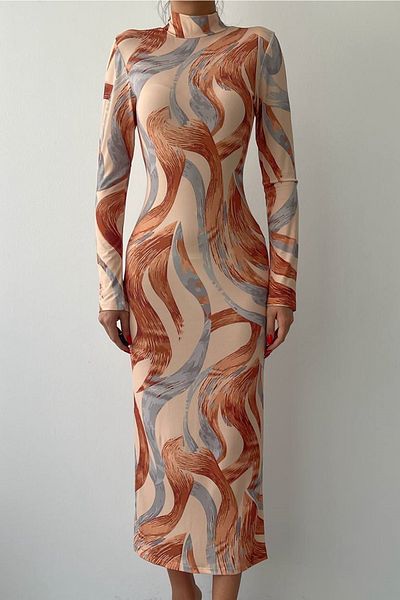 bayansepeti Geometric Pattern Stretchy Digital Printed Fabric Stand Collar Long Sleeve Midi Evening Dress 284