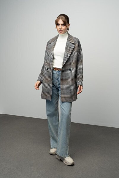 Olcay GRAY Oversize Coat - Plaid Pattern and Double Breasted 3020