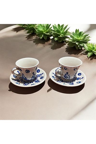 NADİR Evil Eye Bead Embossed Patterned Handmade Cup Set of 2