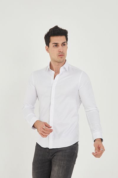 jack carisma Ανδρικό πουκάμισο από σατέν βαμβακερό Lycra με κρυφά κουμπιά Slim Fit