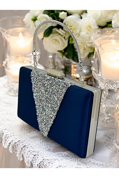 Biçanta Μπλε Navy Satin Silver Stone Μεταλλική λαβή Βραδινή τσάντα Τσάντα βρα...