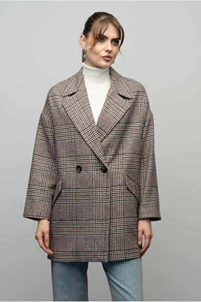 Olcay Kıremıt 3020 - Plaid Patterned Double Breasted Oversize Coat