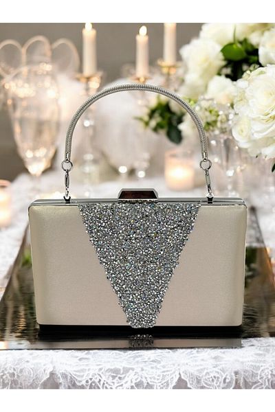 Biçanta Skin Nude Satin Silver Stone Μεταλλική λαβή Βραδινή τσάντα Τσάντα βραδινής τσάντα αρραβώνων Τσάντα γάμου