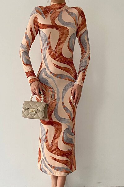 bayansepeti Geometrik Desenli Esnek Dijital Baskılı Kumaş Dik Yaka Uzun Kollu Midi Abiye Elbise 284