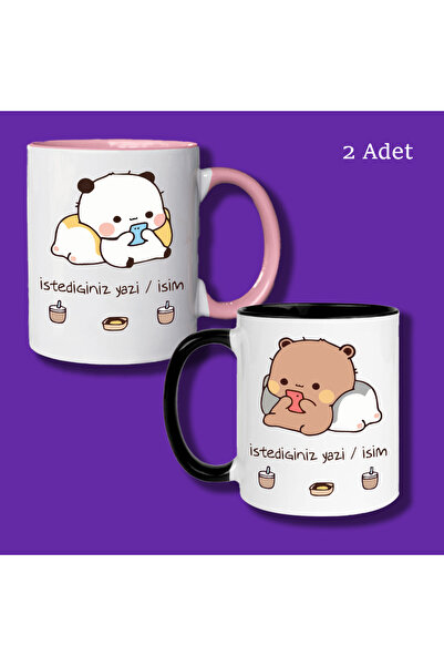 Ceymas Hediyelik Bubu Dudu Tasarımlı Sevgililer ve Eşlere İsim ve Yazı Yazılabilir Renkli Kupa Bardak