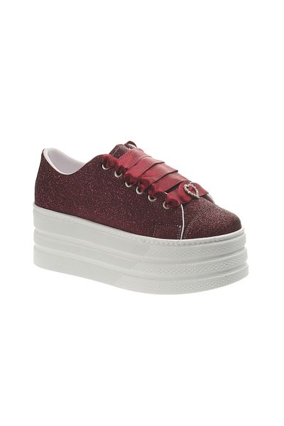 Ayakkabı Tutkusu Stilo ® Burgundy Glitter Flat Platform Evening Dress Sneakers 7cm Extreme Comfortable