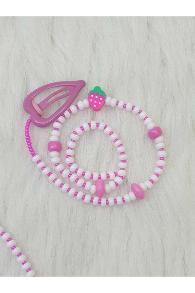HAPPY HANDMADE Strawberry Bracelet 17Cm-Necklace 35Cm-Hair Bead 30Cm-3-Piece Jewelry Set