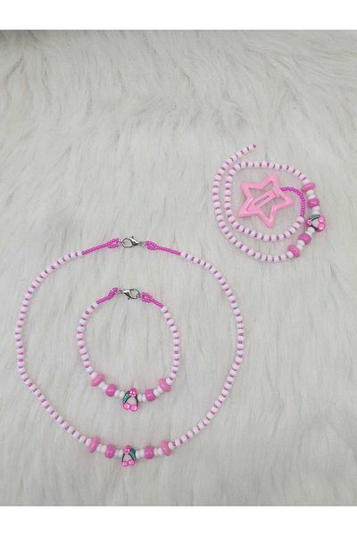 HAPPY HANDMADE Cherry Bracelet 17Cm-Necklace 35Cm-Hair Bead 30Cm-3-Piece Jewelry Set