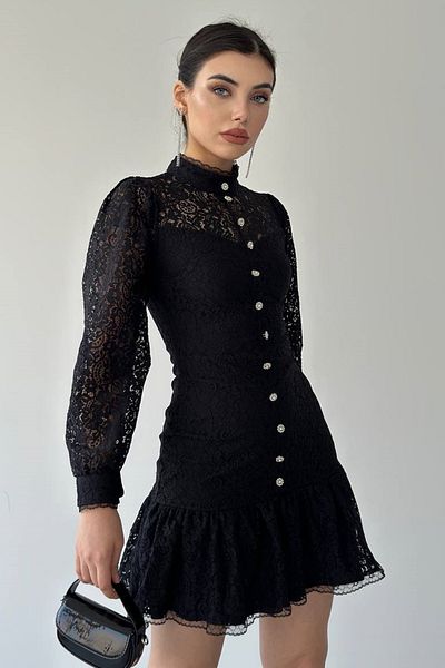 barış sülün lovebox Rochie de damă din dantelă din guipură, cu nasturi, cu design transparent, mini rochie neagră evazată 285