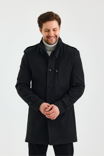 TREND KOMBİN Erkek Slim Fit Antrasit Kaşe Kaban