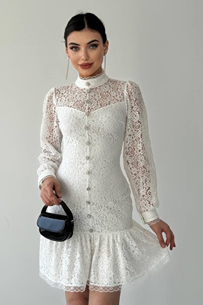 WOMAN VISION Λευκό Guipure Mini βραδινό φόρεμα - Λεπτομέρεια με κουμπιά, διάφανο σχέδιο 285