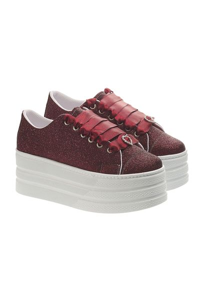 Ayakkabı Tutkusu Stilo ® Burgundy Glitter Flat Platform Evening Dress Sneakers 7cm Extreme Comfortable
