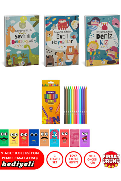 Pembe Pasaj Çocuklar Için Boyama Kitap Seti - Dinazorlar, Hayvanlar, Deniz Kızı