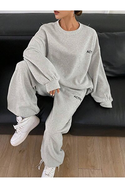 OVER HEAD Kadın Gri Active Baskılı Bisikletyaka Jogger Alt Üst Eşofman Takımı