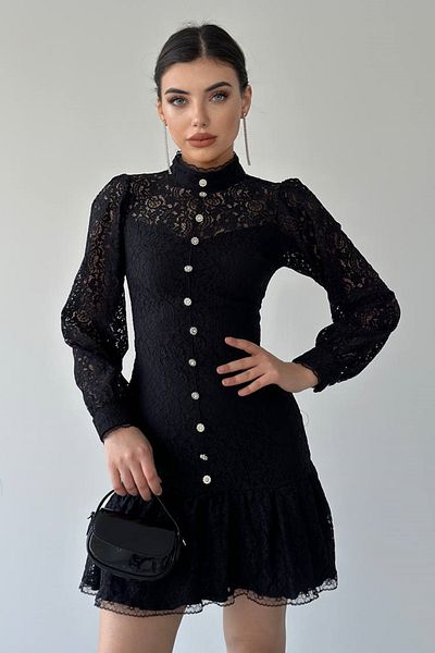 barış sülün lovebox Rochie de damă din dantelă din guipură, cu nasturi, cu design transparent, mini rochie neagră evazată 285