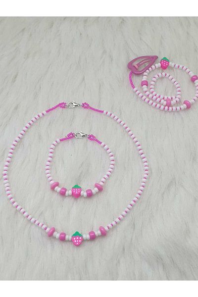 HAPPY HANDMADE Strawberry Bracelet 17Cm-Necklace 35Cm-Hair Bead 30Cm-3-Piece Jewelry Set