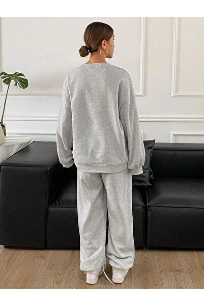 OVER HEAD Kadın Gri Active Baskılı Bisikletyaka Jogger Alt Üst Eşofman Takımı