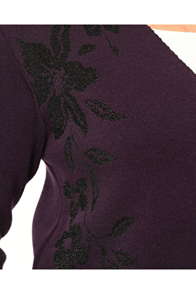 Laden Triko Büyük Beden Simli Kadın Orta Kalın Anne Mor Hırka