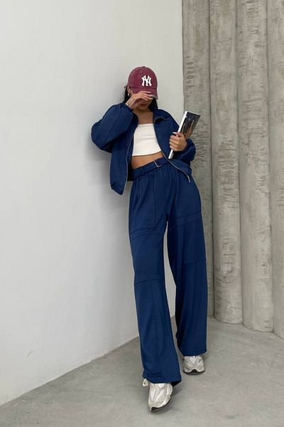msm fashion Women's Tracksuit Set Wide Leg Large Pocket Belt Soft Touch Double Set