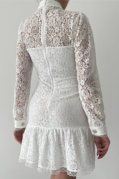 WOMAN VISION Λευκό Guipure Mini βραδινό φόρεμα - Λεπτομέρεια με κουμπιά, διάφανο σχέδιο 285