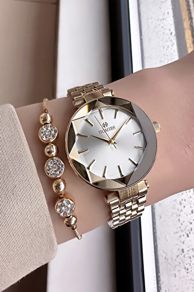 Homies Özel Kutulu Kesme Cam Kadın Kol Saati Su Geçirmez Gold Renk Çelik Kordon + Bileklik HMBY2042C1