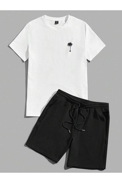 Boi Black Palm Printed Unisex Oversize Shorts Set - T-Shirt and Shorts Set Summer