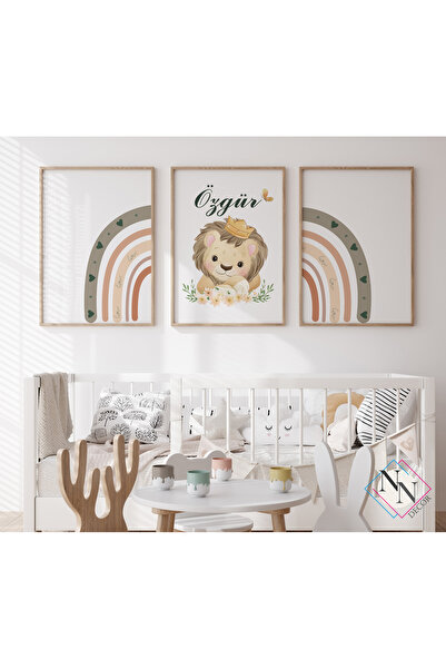 NN DECOR İsme Özel Gökkuşağı ve Aslan 3'lü Set - Doğal Ahşap Çerçeveli, Kız B...