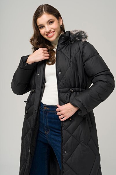 Olcay Odnímatelný dlouhý kabát s kapucí a šňůrkou v pase BLACK 6517